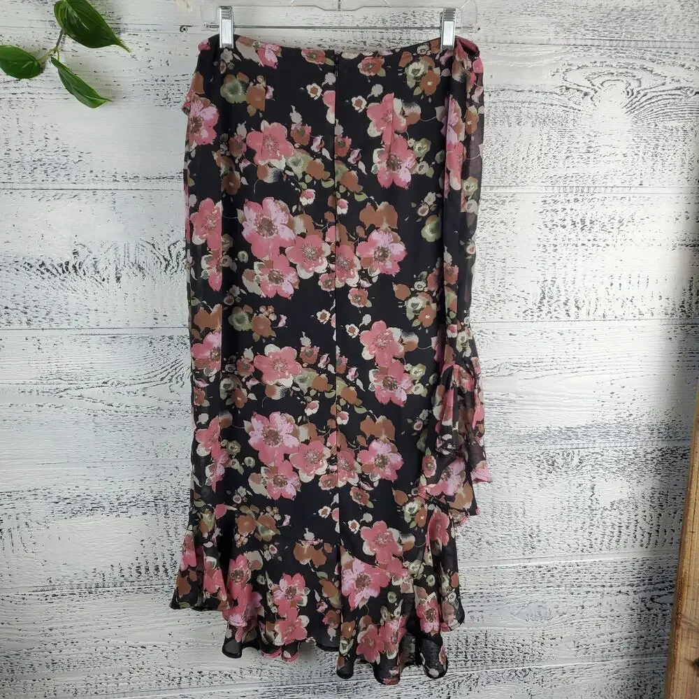 West of Melrose Pink Floral Ruffle Asymmetrical Skirt M Romantic Edgy Coquette